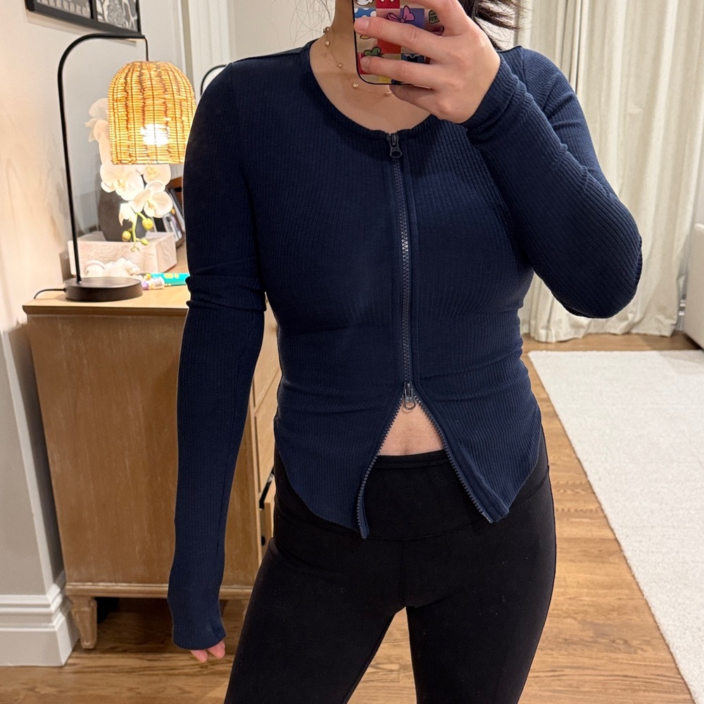 ALO Navy Blue Women's Ribbed Zip-Up Top